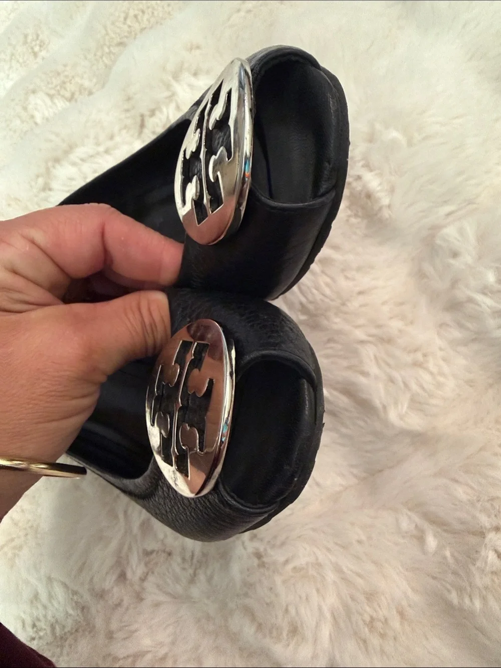 Tory Burch sally 2 peep toe  Black Leather Wedges with Silver Logo Medallion